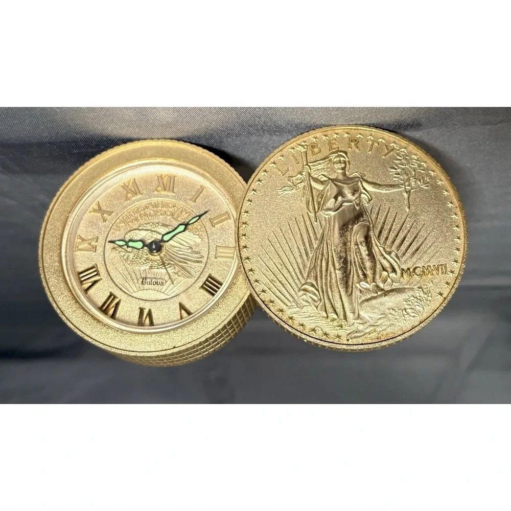 ⏰ Vintage Bulova Saint-Gaudens $20 Gold Coin Desk Alarm Clock Wind Up & Working